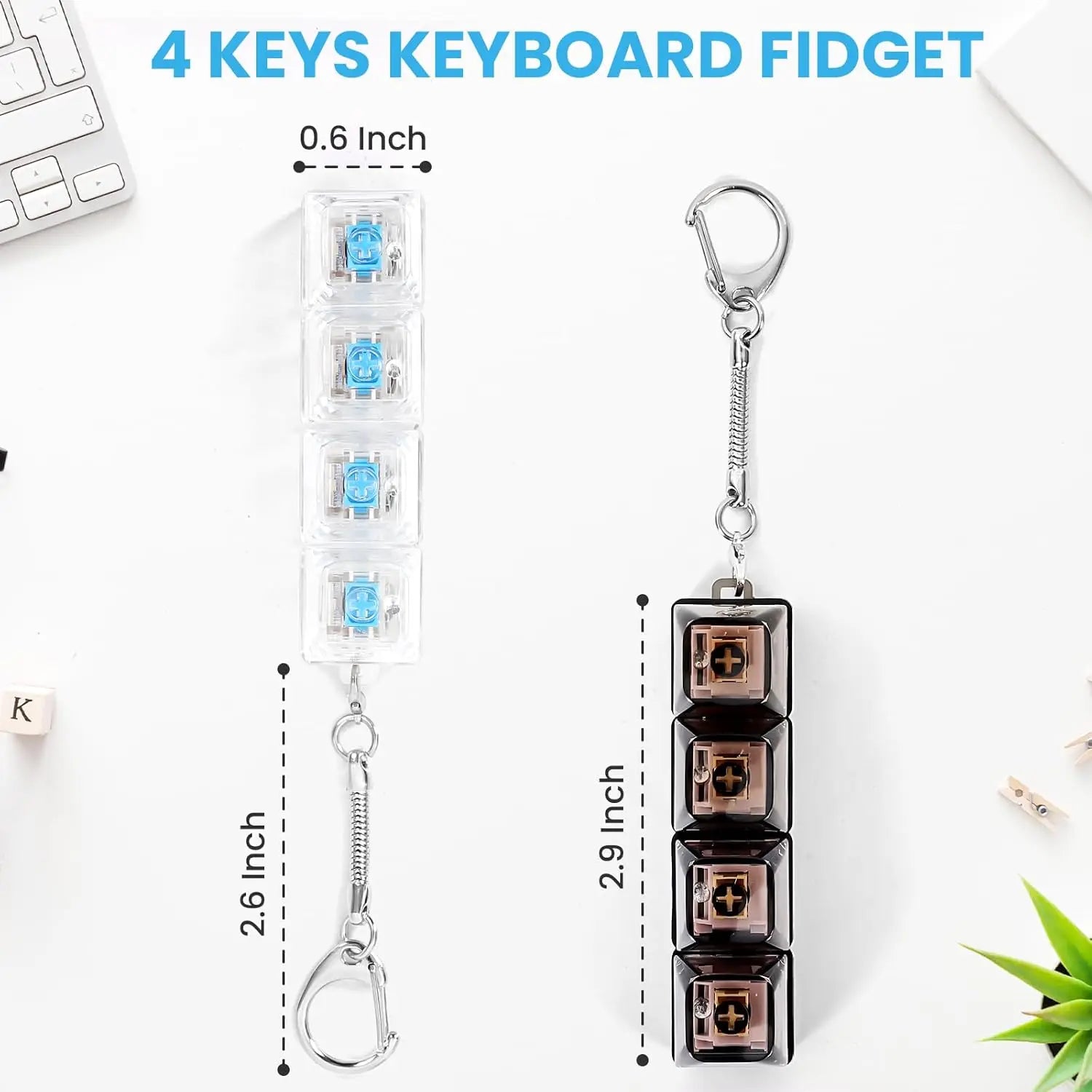 4 Keys Keyboard Fidget Toy Keychain Stress Relief Clicker Fidget Keyboard with LED, Squeeze Toy Crystal Transparent Bag Charm
