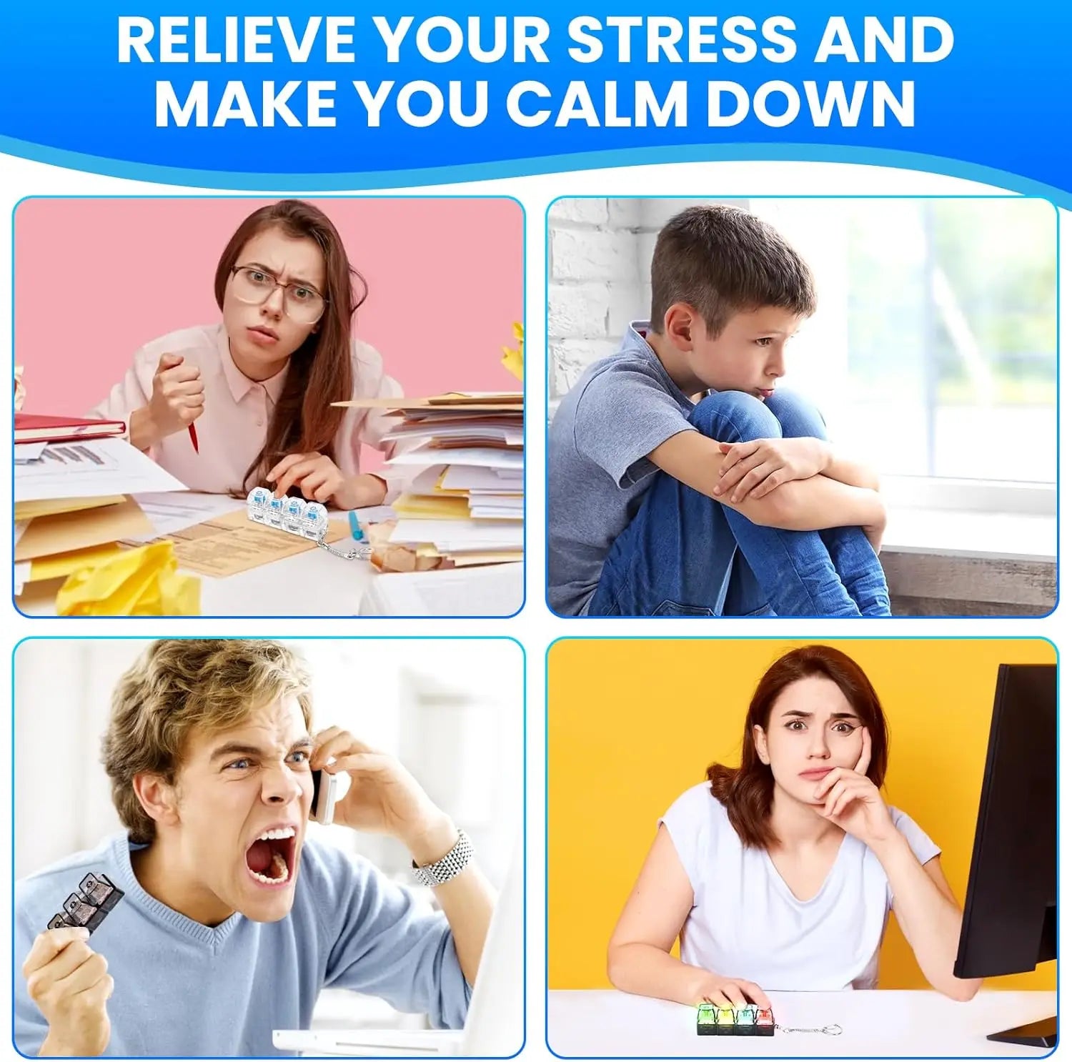 4 Keys Keyboard Fidget Toy Keychain Stress Relief Clicker Fidget Keyboard with LED, Squeeze Toy Crystal Transparent Bag Charm